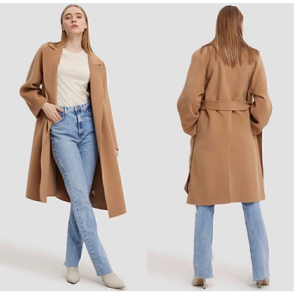 Gentle Herd Women’s Single Breasted Belted Wrap Wool Coat in Color Camel
